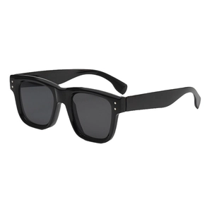 Classic square black sunglasses with dark gray lenses and silver dot accents on white background