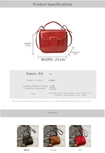 Detailed view of fashionable PU leather crossbody bag with hardware buckle and dimension specs