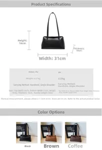 Detailed size specifications and color comparison of the minimalist PU leather handbag