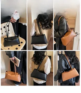 Collage of model styling the rectangular minimalist PU leather underarm shoulder bag