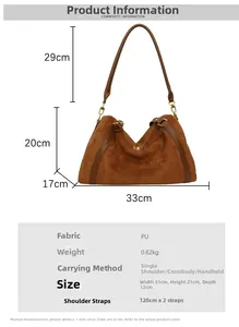 Detailed size specifications of brown faux suede tote bag with dimensions and shoulder strap