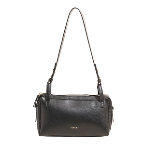 Classic black leather pillow shoulder bag for women with gold logo and adjustable strap