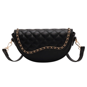 Classic black saddle shoulder bag with quilted diamond pattern and gold chain detail