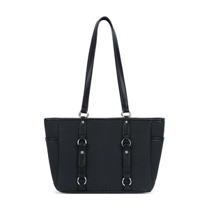 Minimalist black tote bag with silver buckle details and large capacity for daily use