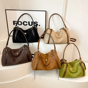 Large Capacity Women Shoulder Bag Faux Suede PU Leather Contrast Color Retro Commuter Handbag Crossbody Dumpling Bag