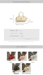 Detailed size chart and multi-color specifications for the bow-style PU shoulder bag