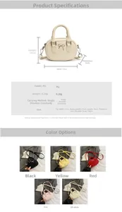 Detailansicht der Mini-PU-Handtasche mit Schleife, Maßen und Trageriemen-Details