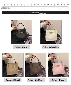 Detail of five-color textured bucket bags with Kelly style clasps and detachable straps