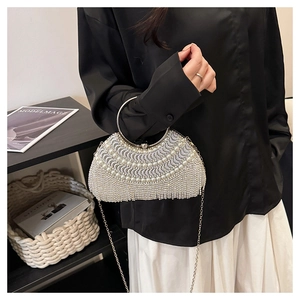 Close-up of luxury pearl and rhinestone fringe evening bag with silver metal handle