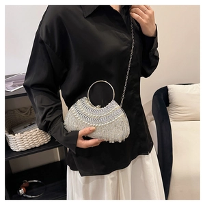 Detail view of silver evening bag featuring sparkling rhinestones and elegant pearl fringe