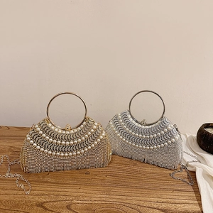 Luxury Faux Artificial Pearl Rhinestone Evening Clutch Bag With Tassel Round Metal Handle Chain Strap Vintage Party Handbag