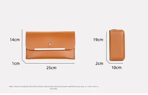 Detailed size guide for brown leather clutch and long zipper wallet with dimensions