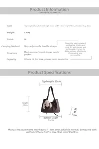 Detailed size chart for the large PU leather underarm bag including dimensions and capacity