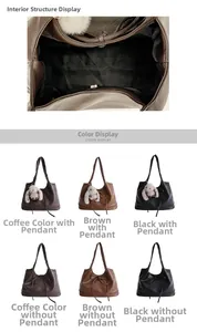 Detail view of large tote bag interior lining and color options in brown and black