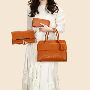 Close-up of three-piece brown snakeskin pattern tote bag set with metal detail and wallet