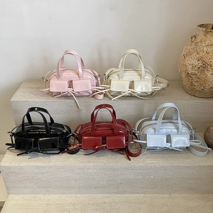 Shiny PU Leather Handbag Women Trendy Retro Underarm Crossbody Bag With Bow Ribbon Decoration And Front Pockets