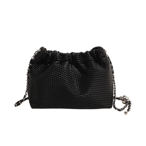 Elegant black ruched dumpling bag with woven texture and silver chain strap