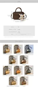 Detail view of the PU leather tote bag showing a 22cm width and detachable bear charm