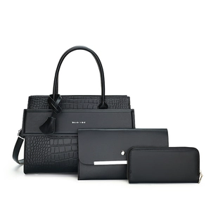 3-piece black crocodile pattern handbag set with crossbody strap and matching wallet