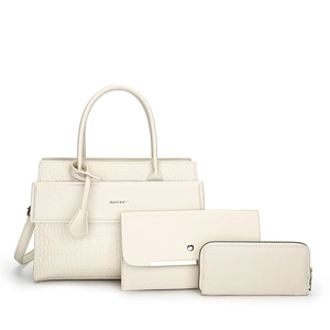 Beige crocodile-embossed leather tote bag three-piece set with metal brand logo