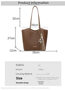 Size chart showing brown PU leather tote bag dimensions and detailed material specs