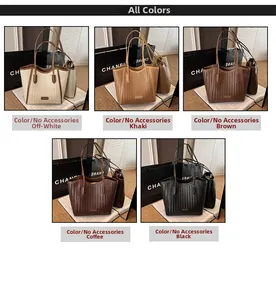 Detail showing high-capacity woven tote bags in five elegant neutral color variations