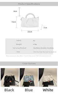 Detailed size chart and product specifications for pleated cloud handbag with pearl handle