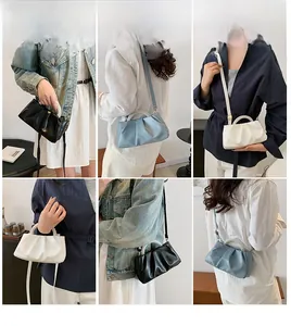 Detailed views of ruched cloud bags in three colors with pearl handles and straps