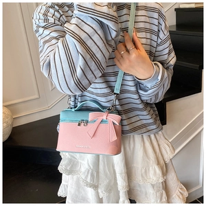 Close-up of litchi grain leather box bag featuring pink and blue contrast and bow detail