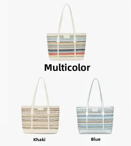 Detailed close-up showing three colors of woven straw tote bags with leather handles