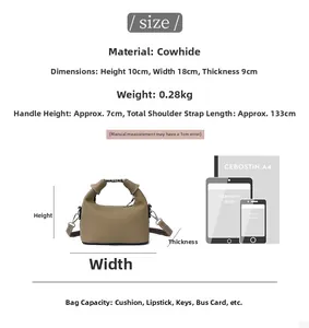 Detailed size chart of the cowhide leather handbag with dimensions and capacity info