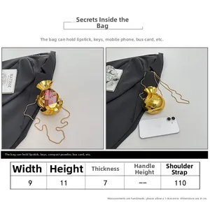 Detailed size chart for candy-shaped gold mirror chain bag showing dimensions and capacity