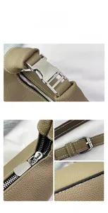 Close-up of litchi pattern leather texture and silver metal buckle on beige handbag