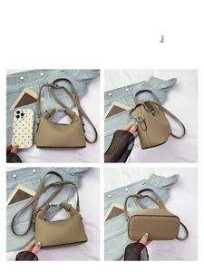 Detailed four-angle view of beige lychee grain leather handbag with metal buckle and strap