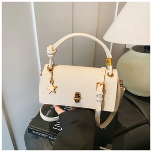 Detail of cream leather handbag featuring gold star charm and twist lock closure