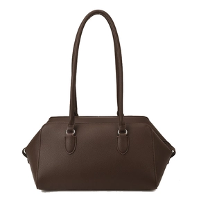 Minimalist dark brown pebbled leather bowling bag with long dual shoulder straps
