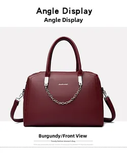 Detailed front view of burgundy lychee pattern tote bag with silver chain decor