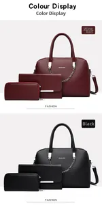 Detail view of 3-piece handbag set in wine red and black with lychee grain texture
