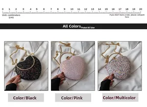 Detailed views of heart-shaped glitter clutch bags in black, pink and multicolor finishes