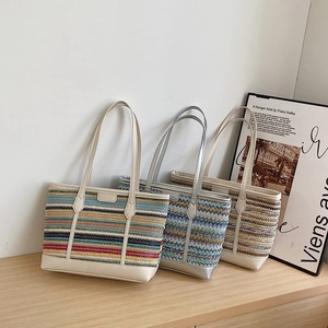 Women Straw Woven Tote Bag Large Capacity Striped Retro Summer Beach Shoulder Handbag For Vacation Fashion Casual