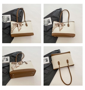 Detailed views of a canvas patchwork tote bag with silk scarf bow and metal feet