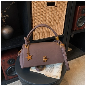 Detail of dark brown lychee leather handbag featuring a gold star charm and twist lock