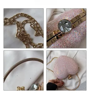 Detail of pink sequin heart bag with crystal clasp and golden metal handle