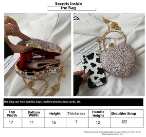 Size chart for heart-shaped glitter evening bag with detailed dimensions and dimensions guide