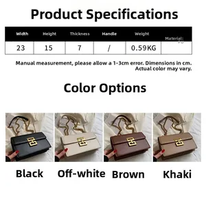 Detailed size specs and four color options for the stylish PU leather chain crossbody bag