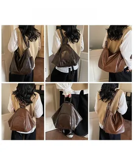 Detailed views of vintage faux leather tote and triangle backpack in brown and tan