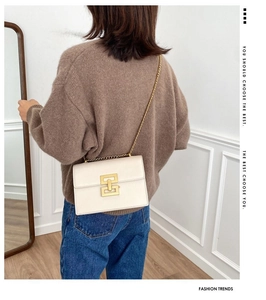 Detail of cream rectangular crossbody bag with gold chain strap and interlocking metal clasp