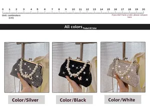 Detailed view of pearl handle and crystal-encrusted clutches in silver, black, and white