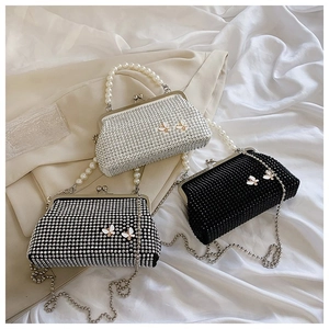 Rhinestone Evening Clutch Bag With Artificial Pearl Handle Butterfly Decor Kiss Lock Metal Chain Crossbody Purse For Women