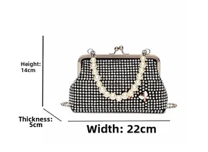 Detailed dimensions of elegant black rhinestone clutch bag with pearl handle and bow